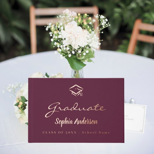Burgundy Rose Gold-Name-Skript-Kappe Abschluss Gästebuch