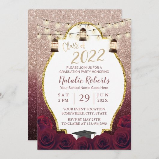 Burgundy Rose Gold Ombre Lantern Blume Abschluss Einladung (Vorne/Hinten)