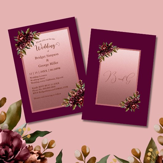 Burgundy Rose Gold Script Floral Wedding Einladung