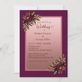 Burgundy Rose Gold Script Floral Wedding Einladung (Vorderseite)