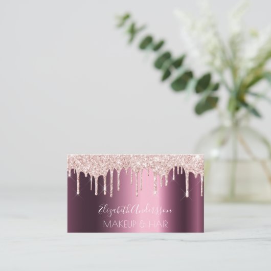 Burgundy Rose Gold Tropfen Make-Haar Visitenkarte (Stehend Vorderseite)