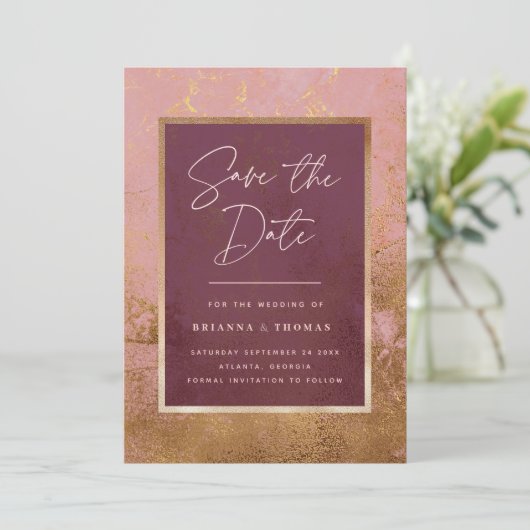 Burgundy Rose Gold Wedding Save the Date (Stehend Vorderseite)