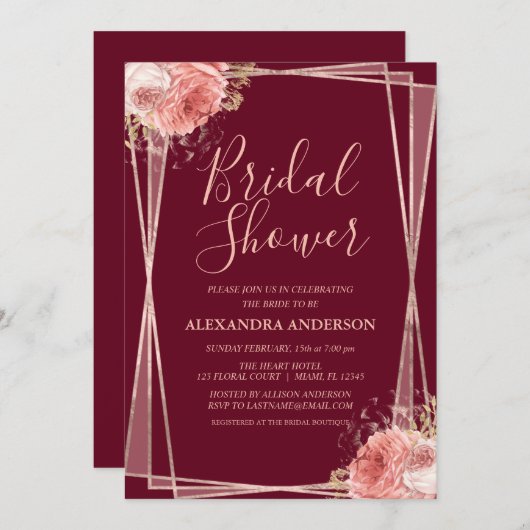 Burgundy Rose Goldene Blüte Elegantes Brautparty Einladung (Vorne/Hinten)