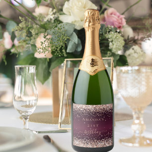 Burgundy Rose Goldene Namensskripte Geburtstag Schaumweinetikett