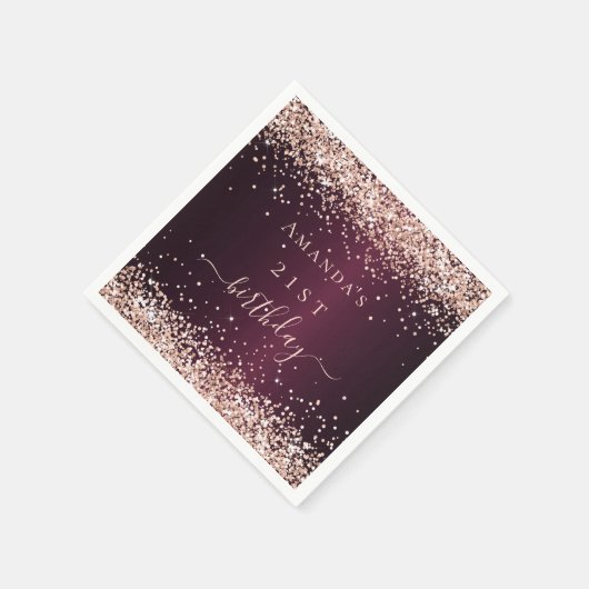 Burgundy Rose Goldene Namensskripte Geburtstag Serviette (Ecke)