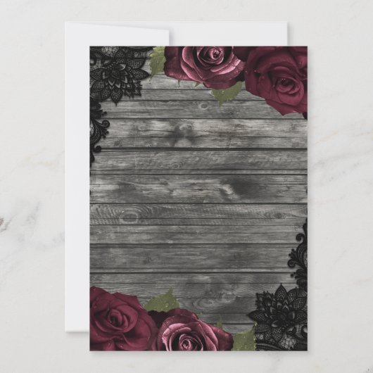 Burgundy Rose Gray Wood Black Lace Wedding Einladung (Rückseite)