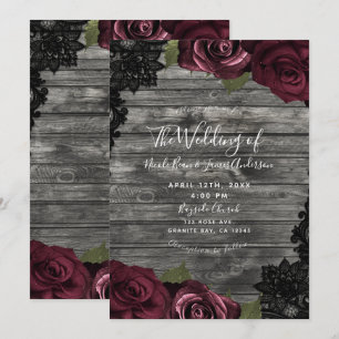 Burgundy Rose Gray Wood Black Lace Wedding Einladung