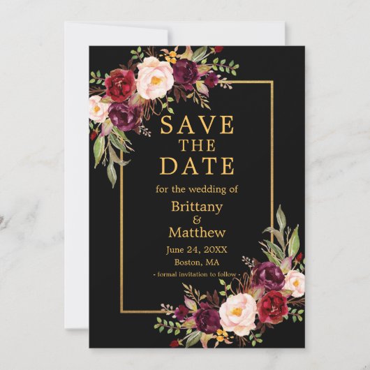 Burgundy-Rose mit schwarzem Goldrahmen-Foto Save The Date (Vorderseite)