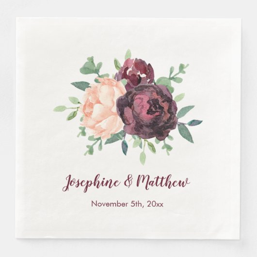 Burgundy Rose Peach Peony Bouquet Wedding Napkins Serviette (Vorderseite)