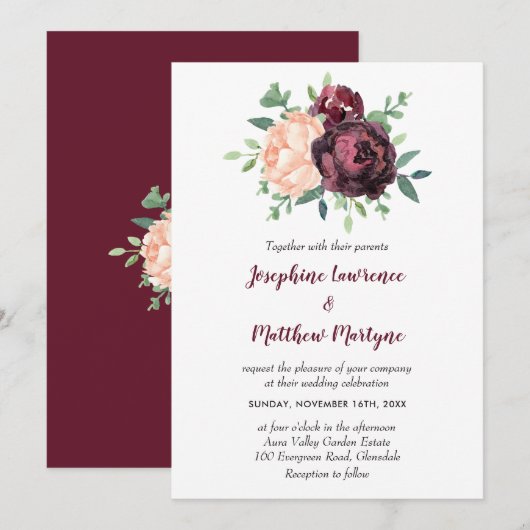 Burgundy Rose Peach Peony Floral Wedding Einladung (Vorne/Hinten)
