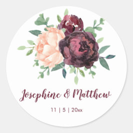 Burgundy Rose Peach Peony Floral Wedding Runder Aufkleber