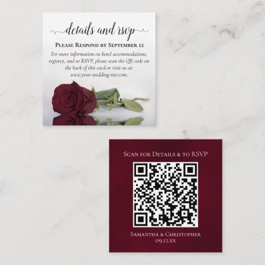 Burgundy Rose Posh Wedding Details & UAWG QR Code Begleitkarte (Vorne/Hinten)