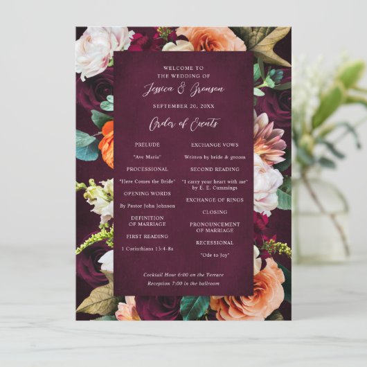 Burgundy Rose Ranunculus Wedding Programm (Stehend Vorderseite)