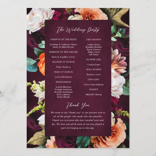 Burgundy Rose Ranunculus Wedding Programm (Rückseite)