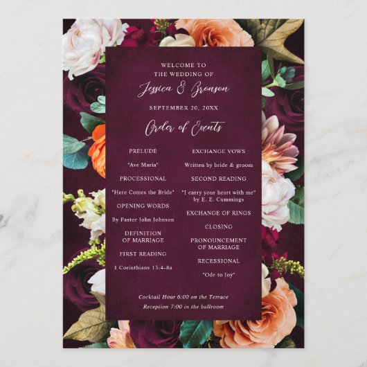 Burgundy Rose Ranunculus Wedding Programm (Vorderseite)