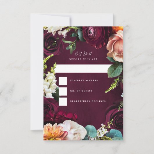 Burgundy Rose Ranunculus Wedding RSVP Karte (Vorderseite)