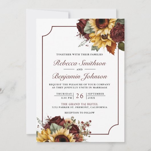 Burgundy Rose Sonnenblumen Foto QR Code Hochzeit Einladung (Vorderseite)