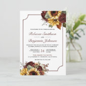 Burgundy Rose Sonnenblumen Foto QR Code Hochzeit Einladung (Stehend Vorderseite)