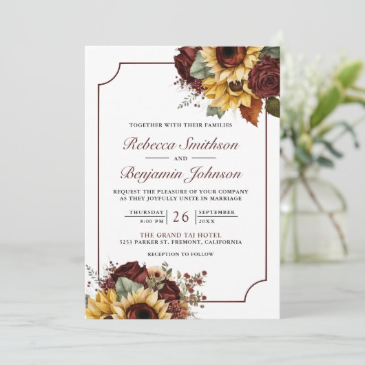 Burgundy Rose Sonnenblumen Foto QR Code Hochzeit Einladung (Stehend Vorderseite)