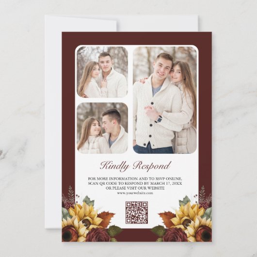 Burgundy Rose Sonnenblumen Foto QR Code Hochzeit Einladung (Rückseite)