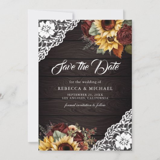 Burgundy Rose Sonnenblumen Holz QR Code Hochzeitss Save The Date (Vorderseite)