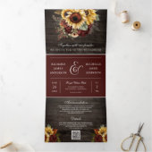 Burgundy Rose Sonnenblumen Wood QR Code Hochzeit Dreifach Gefaltete Einladung (Innenseite)