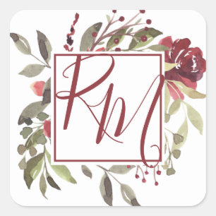 Burgundy Rose Square Monogram Aquarell Quadratischer Aufkleber