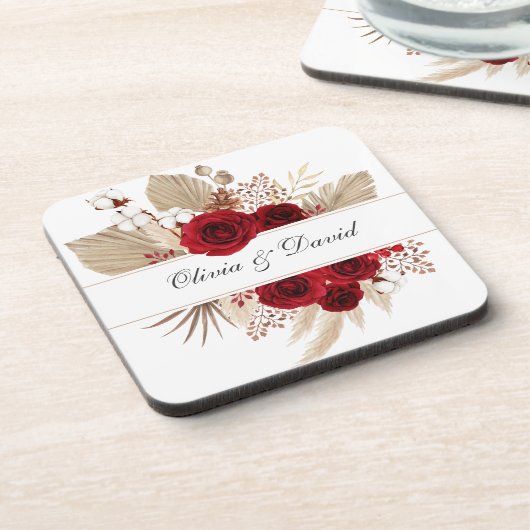 Burgundy Rose und Pampas Grass Wedding Getränkeuntersetzer (Linke Seite)