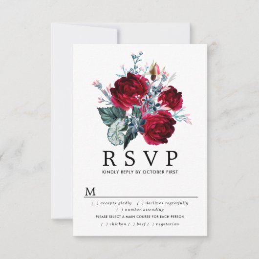 Burgundy Rose Wedding RSVP Card, Mahlzeiten Option Karte (Vorderseite)