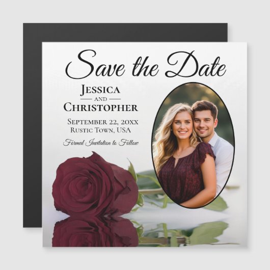 Burgundy Rose Wedding Save the Date Foto Magnet (Vorne/Hinten)