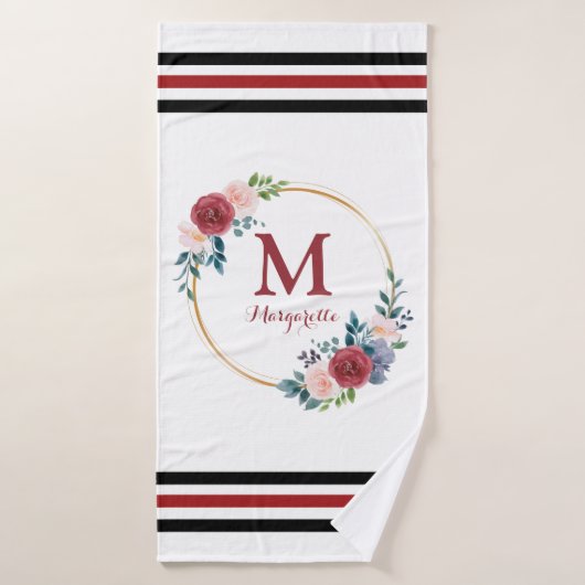 Burgundy Rose Wreath Custom Monogram & Name Badehandtuch (Badehandtuch)