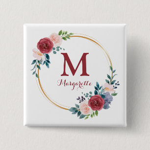 Burgundy Rose Wreath Custom Monogram & Name Button
