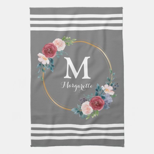 Burgundy Rose Wreath Custom Monogram & Name Geschirrtuch (Vertikal)