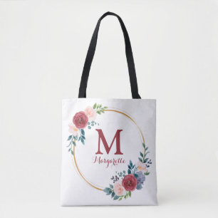 Burgundy Rose Wreath Custom Monogram & Name Tasche