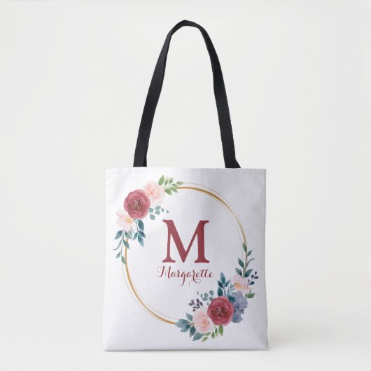 Burgundy Rose Wreath Custom Monogram & Name Tasche (Vorderseite)
