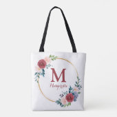 Burgundy Rose Wreath Custom Monogram & Name Tasche (Rückseite)