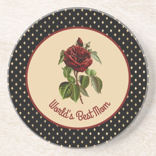 Burgundy-Rose zur besten Mama der Welt auf Black H Getränkeuntersetzer (Vorne)