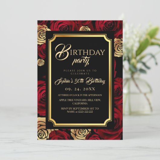 Burgundy Roses Birthday Party Invitation Einladung (Stehend Vorderseite)