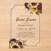 Burgundy Roses Sunflowers Bridal Shower Acryleinladungen (Vorderseite)