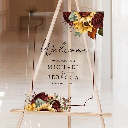 Burgundy Roses Sunflowers Wedding Welcome Acrylschild