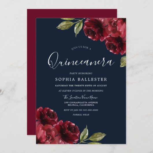 Burgundy Rot & Navy Blumenschlamm Quinceanera 15. Einladung (Vorne/Hinten)