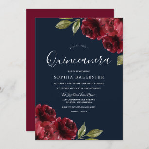 Burgundy Rot & Navy Blumenschlamm Quinceanera 15. Einladung