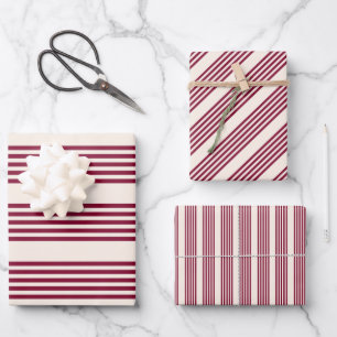 Burgundy rot und beige 5 Streifen Muster Geschenkpapier Set