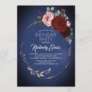Burgundy Rot und Gold Floral Moderner Geburtstag Einladung