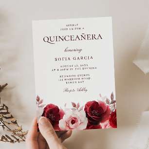 Burgundy Rote Eleganz rote Rose Quinceanera Einladung