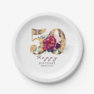 Burgundy Rote Floral Typografie 50. Geburtstag Pappteller