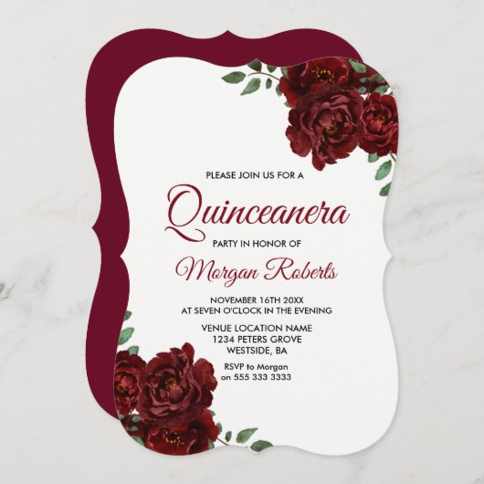 Burgundy Rote Rose Beautiful Quinceanera Einladung (Vorne/Hinten)