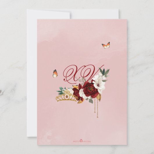 Burgundy Rote Rose Butterfly Quinceanera Gold Tiar Einladung (Rückseite)