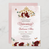 Burgundy Rote Rose Butterfly Quinceanera Gold Tiar Einladung (Vorne/Hinten)