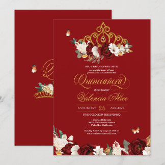 Burgundy Rote Rose Butterfly Quinceanera Gold Tiar Einladung